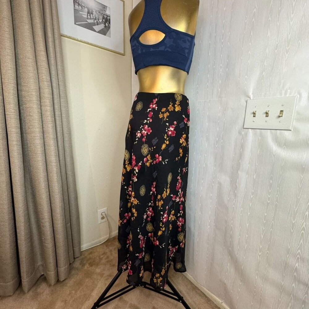 Floral Women's Maxi Lined Skirt Small Oriental Elastic Waist Lined Black Red Ylw - Picture 4 of 7